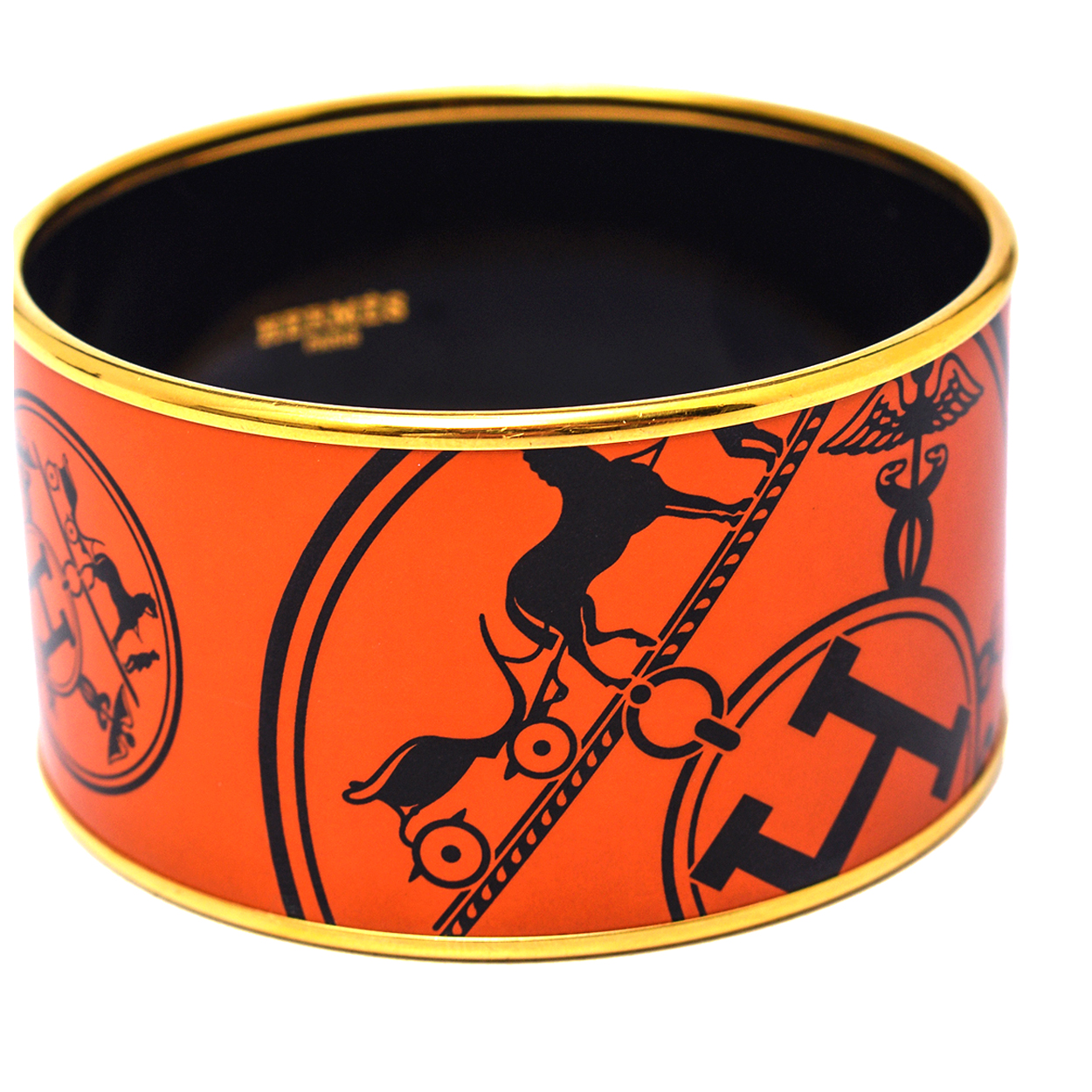 Hermes -Caléche Rodeo Print Wide Enamel Bracelet Orange M 